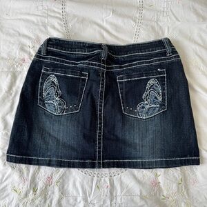 Warehouse Dark Blue Denim Mini Skirt with Embroidery